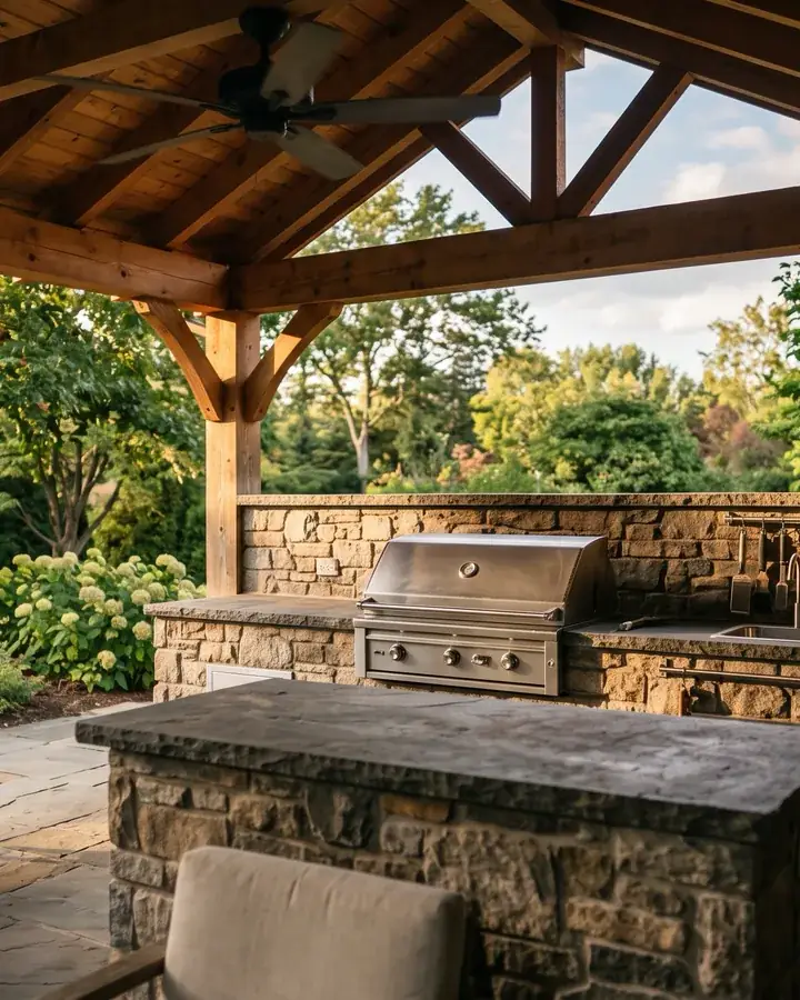 A covered patio with a built in grill and a stone counter