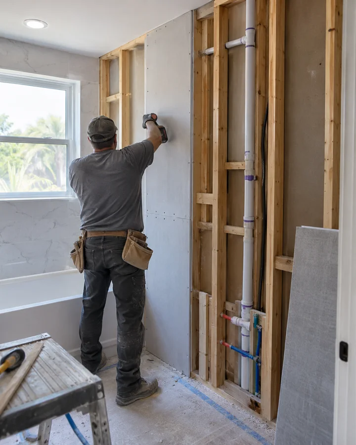 A rebuilt bathroom wall with new framing and drywall